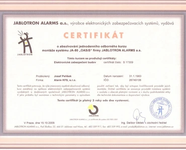 Certifikát Jablotron Alarms as